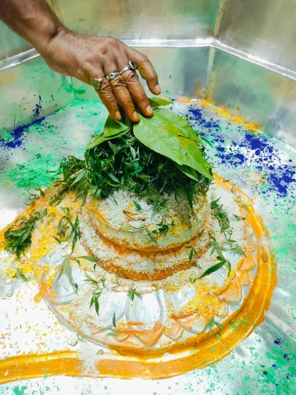 A pujari’s hand placing bel leaves and green offerings on the Shivling